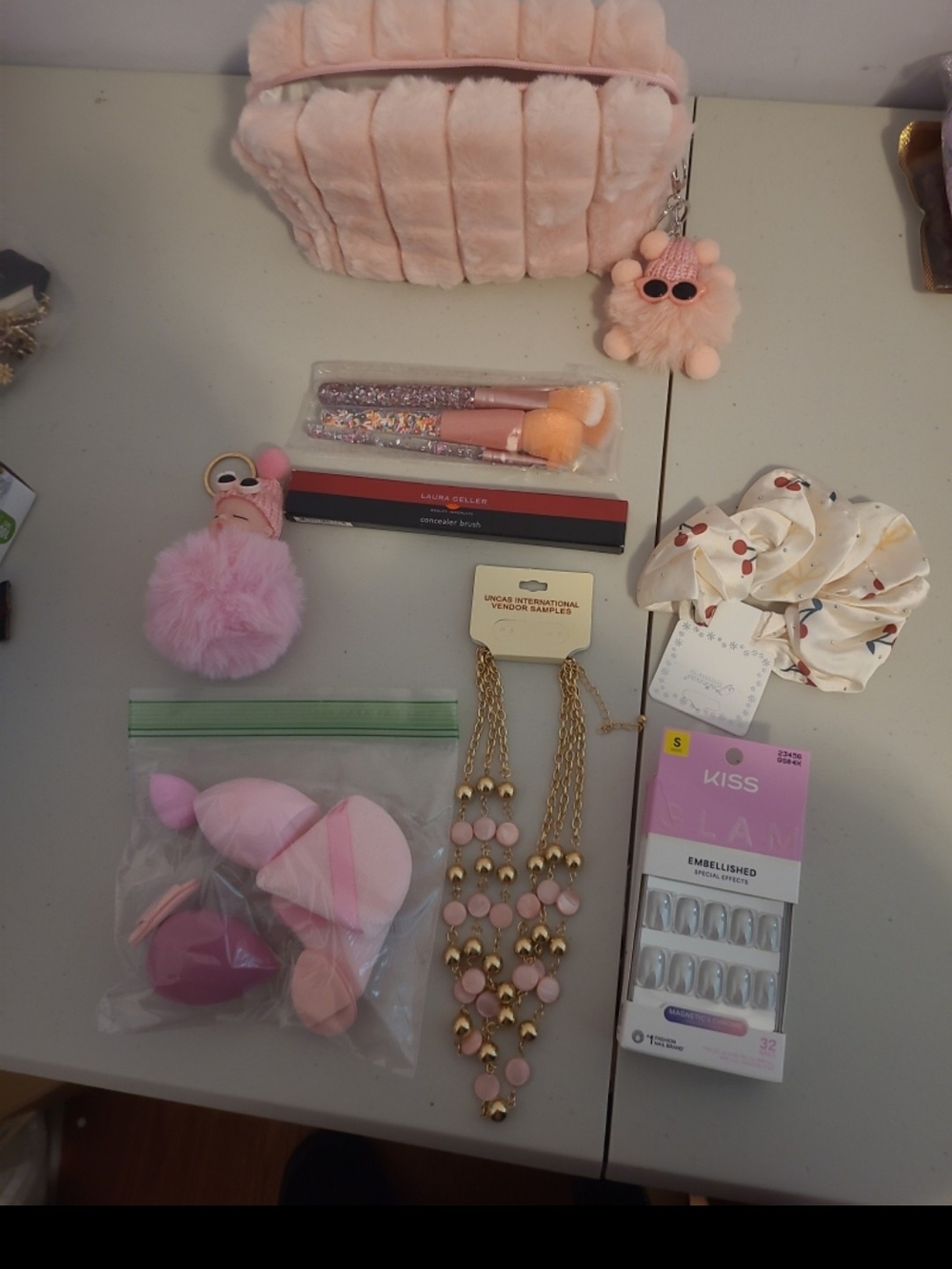 Pink Plush Makeup Bag with Accessories